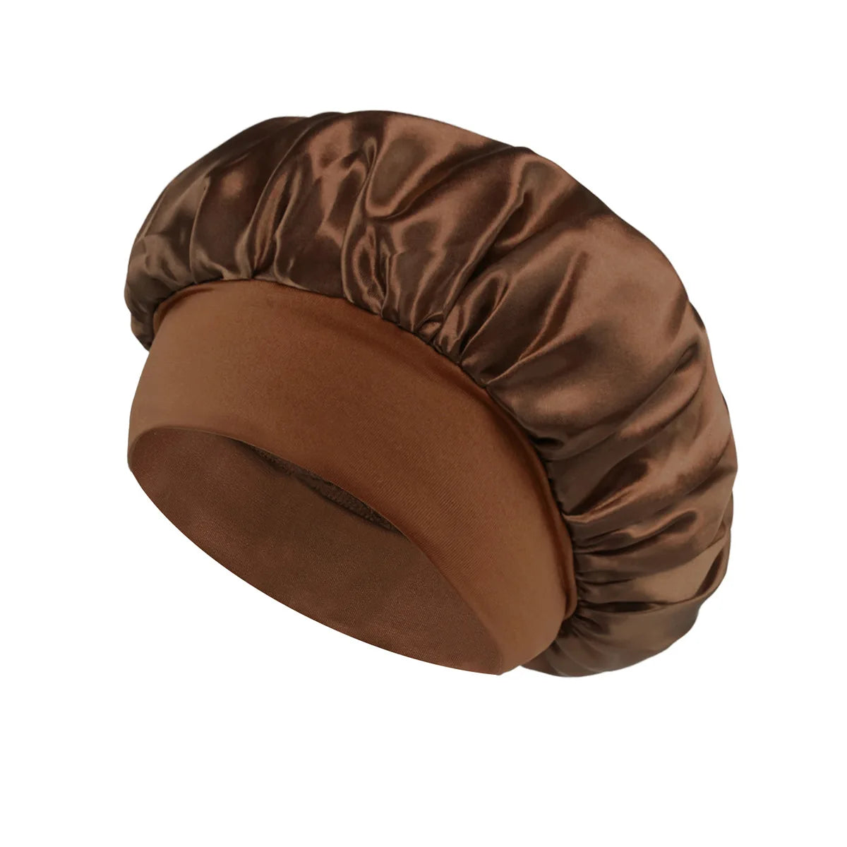 Runde Satin-Haube in warmbrauner Farbe, von oben gezeigt.