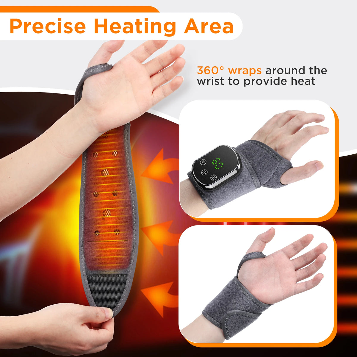 A hand wearing a heating wrap for muscle relief, demonstrating the precise heating area.