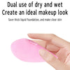A hand holds a pink makeup sponge for applying liquid foundation or skincare.