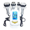 A white 4-in-1 body slimming massager with multiple attachments and language options.