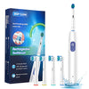 A box and white rechargeable electric toothbrush with multiple replacement heads shown next to water.