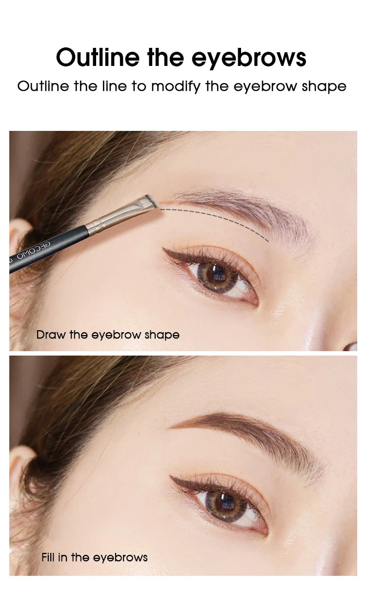 Demonstration of outlining and filling eyebrows using a precision makeup brush set for eyes and brows