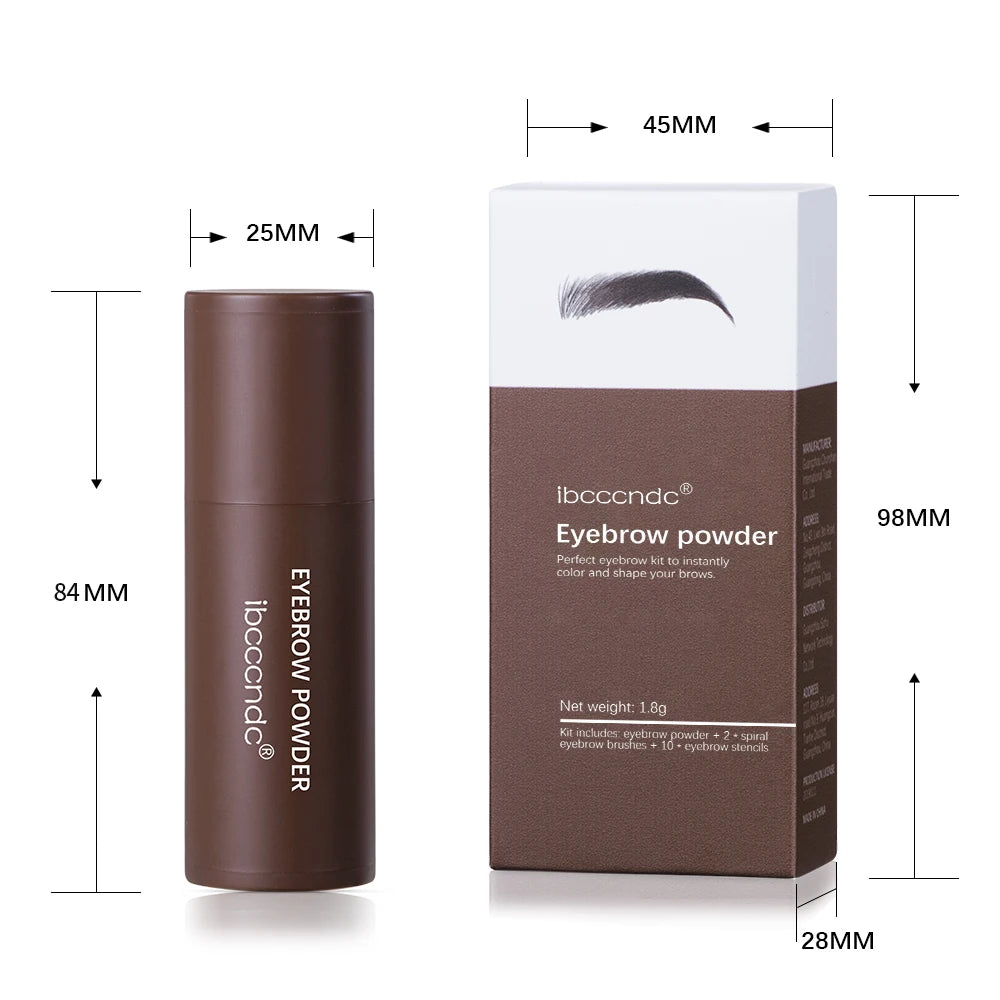 A brown tube of eyebrow powder and a box containing an eyebrow powder kit with stencils and brush.