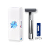 A box and a single double-edge safety razor are shown, packaged for sale.