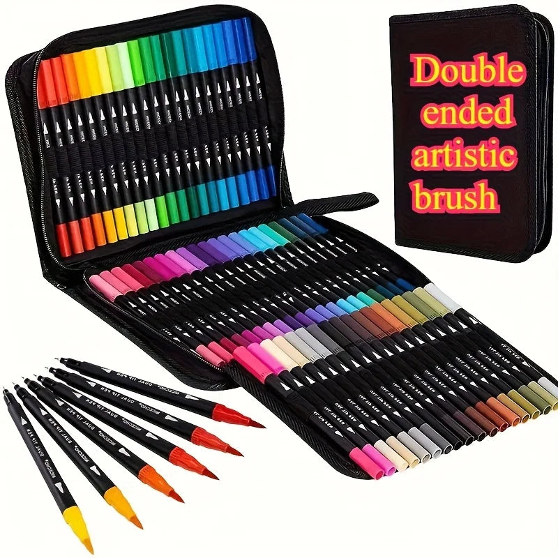 A black pencil case containing a double-ended artistic brush set with twelve vibrant colored markers.