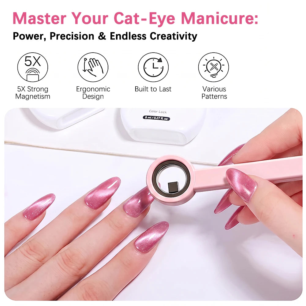 A hand applies a pink magnetic cat eye nail art stick to a fingernail for a manicure.