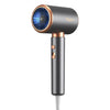 A black and copper professional hair dryer with a blue grille and a white cord.