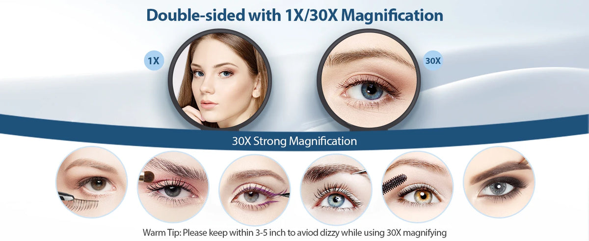 A double-sided magnifying mirror showing 1X and 30X magnification capabilities for examining skin and eyes.