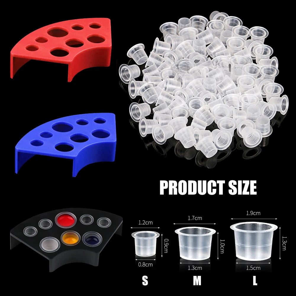 Set of tattoo ink cups with holders in small medium and large sizes