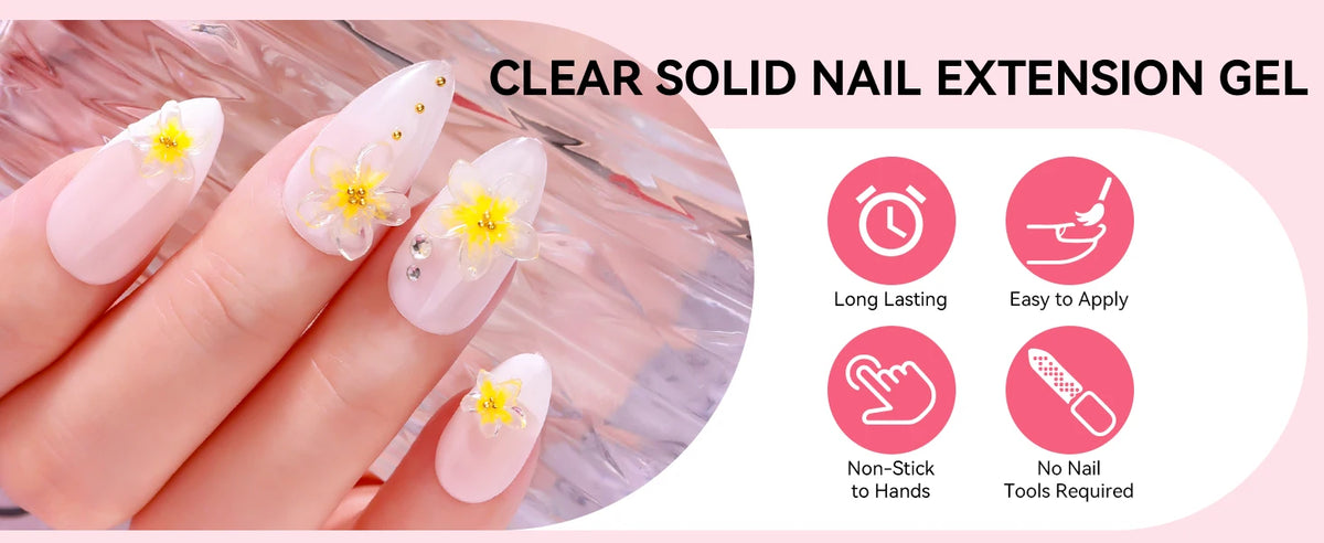 A hand displays clear solid nail extension gel with yellow floral accents on a finger.