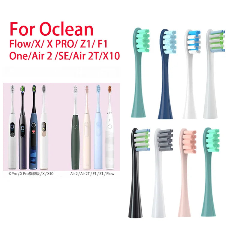 A collection of replacement bristles for Ocean Flow/X Pro Z1/F1 and Air 2/SE/Air 2T/X10 toothbrushes in various colors.