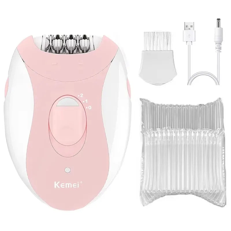 A pink electric body epilator device shown with its detachable head and multiple silicone hair removal strips.