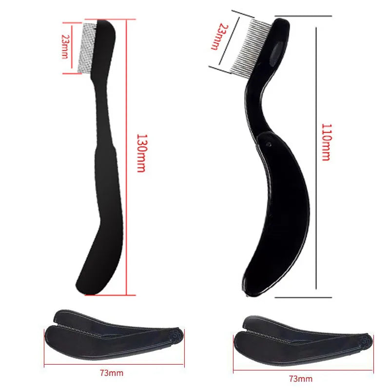 Un ensemble de peignes pliables en acier inoxydable noir pour cils et sourcils, montrés sous différents angles.