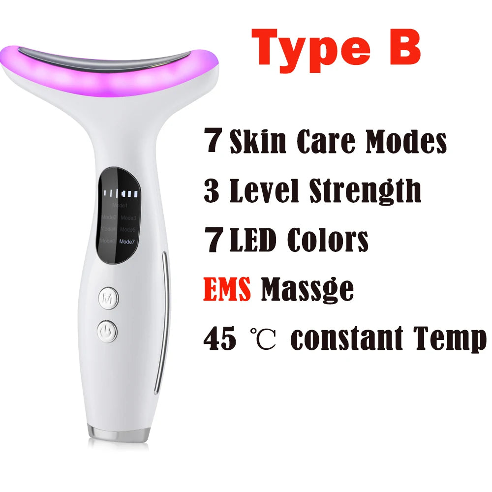 White Type B beauty and massage device with purple LED light, showing various modes and settings.