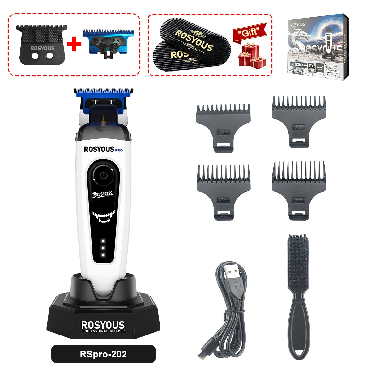 Rosyous Pro electric hair clipper and accessories including blades and power cord