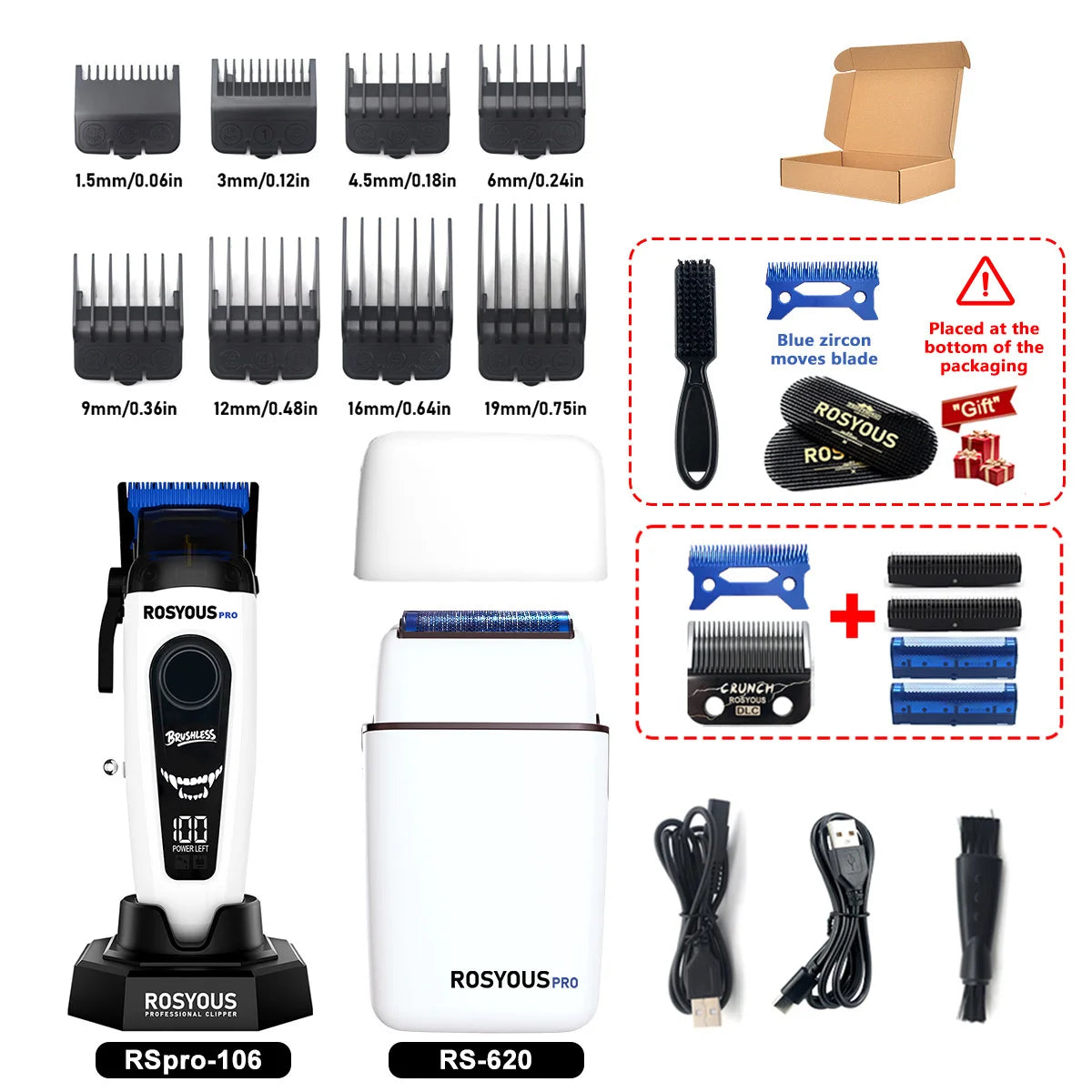 A collection of various hair clipper blades and accessories for the ROSYOUS PRO electric hair clipper.