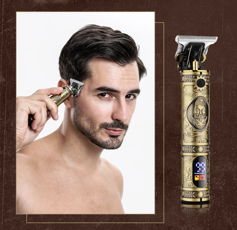 A man is using a multi-function electric grooming kit for facial hair on his face.