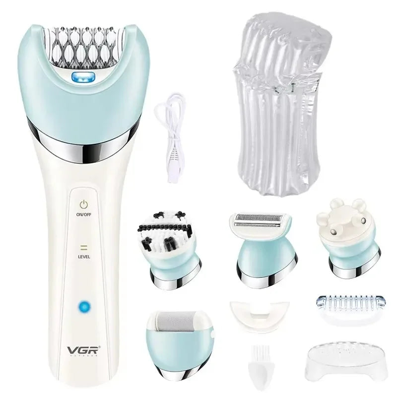A white electric grooming kit with multiple attachments including a trimmer, shaver, and brush.
