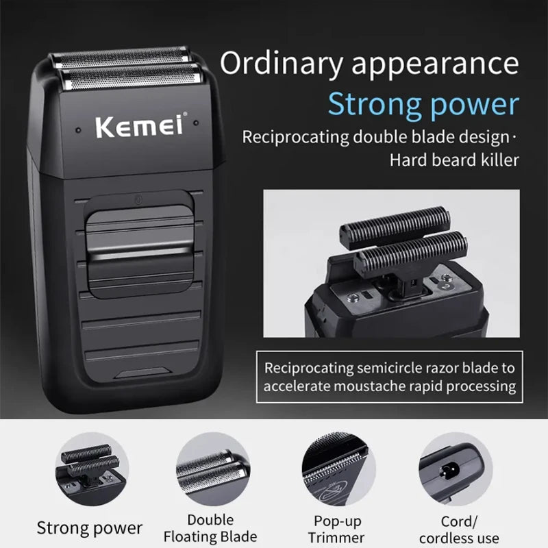 A black electric shaver with a reciprocating double blade design and various accessories shown for facial hair grooming.