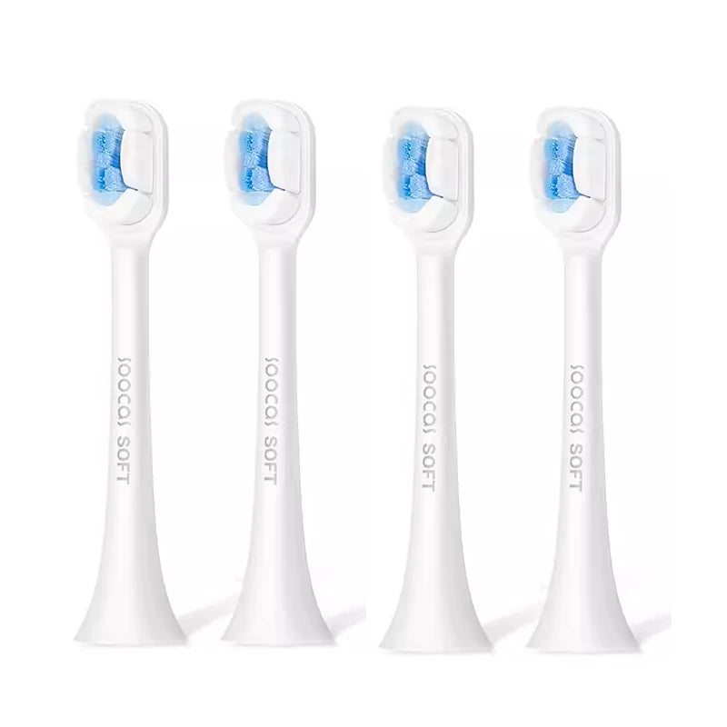 Three white precision replacement brush heads for sonic toothbrushes with blue bristles