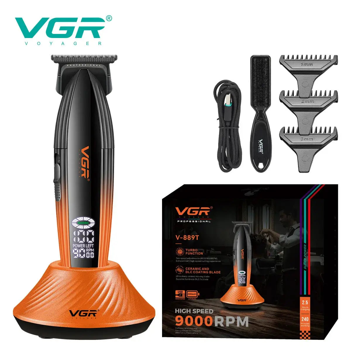 ماكينة حلاقة شعر لاسلكية احترافية VGR V-889T باللونين البرتقالي والأسود مع ملحقات