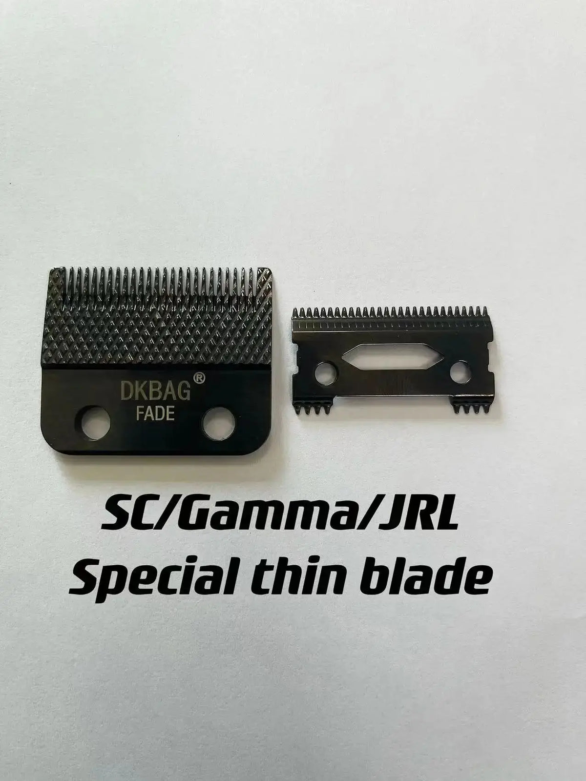 A close-up view of an SK/Gamma/JRL special thin blade for a professional electric hair trimmer.