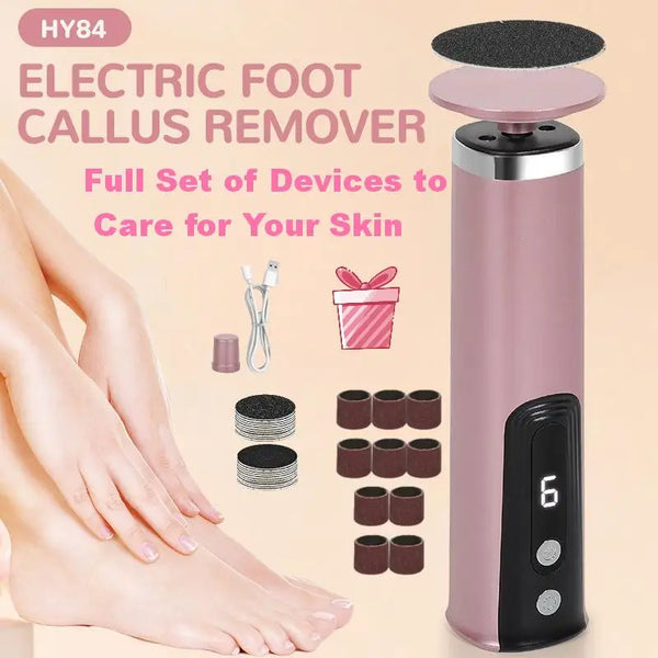 A pink electric foot callus remover device and accessories shown next to a person's foot.