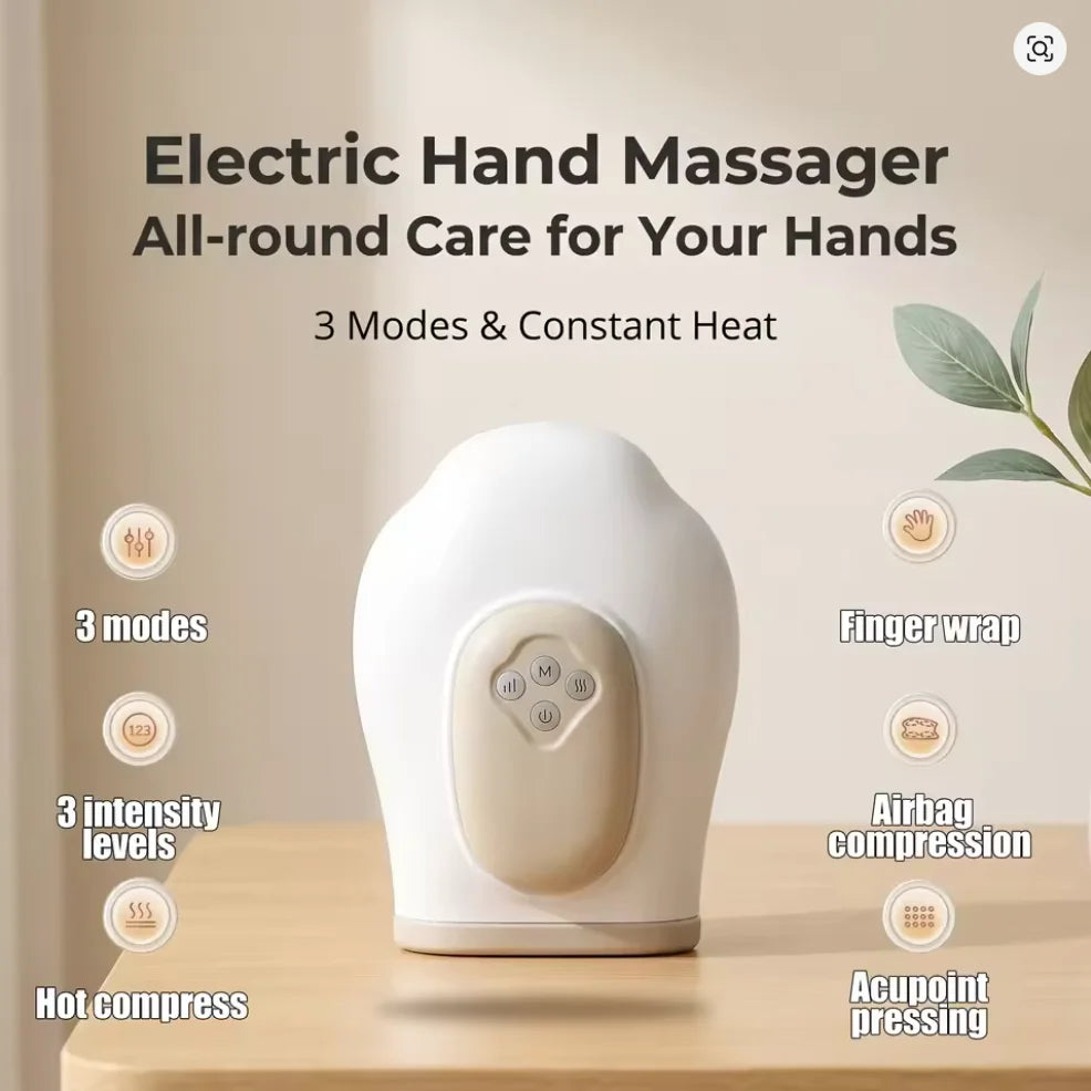 Weißer elektrischer Handmassager mit verschiedenen Massagefunktionen auf einer Holzoberfläche.