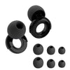 Un ensemble de bouchons d'oreille en silicone noirs anti-bruit, montrés sous différents angles.