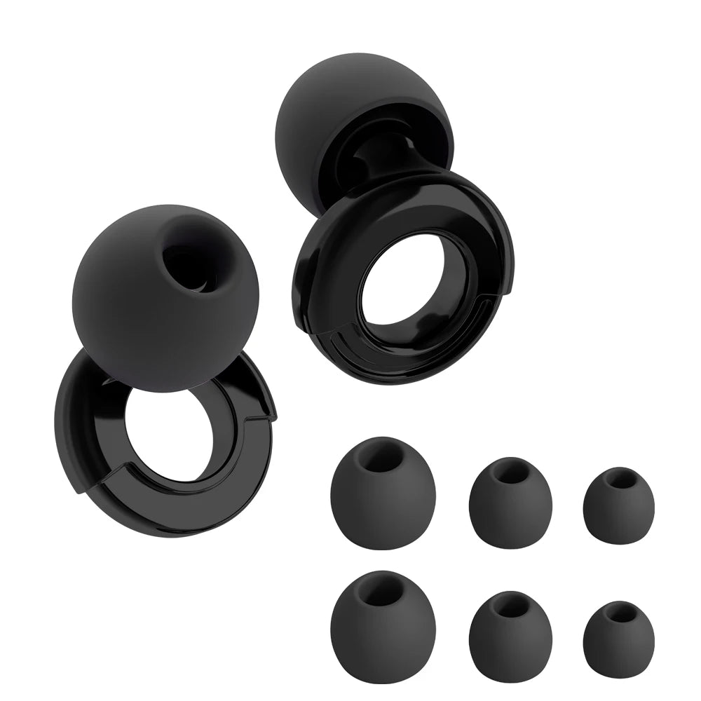 Un ensemble de bouchons d'oreille en silicone noirs anti-bruit, montrés sous différents angles.