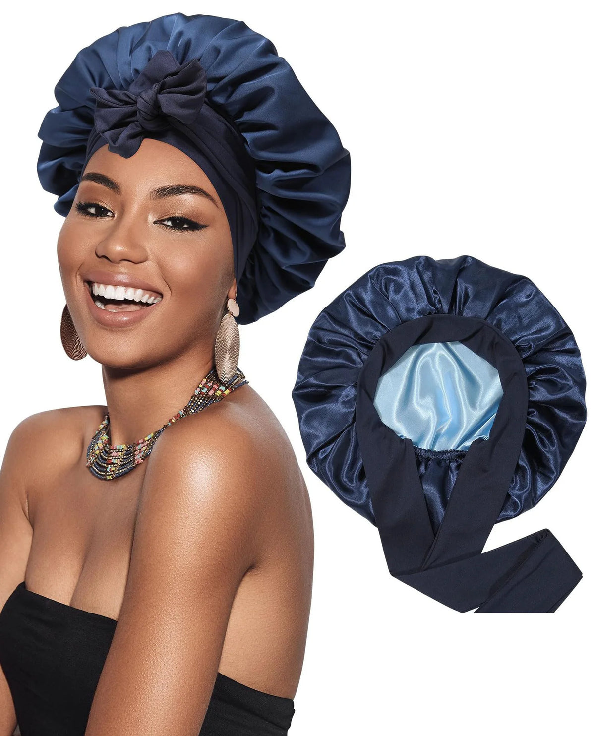 Una mujer modela un gorro para el cabello de satén azul marino de doble capa y una cinta para la cabeza a juego.