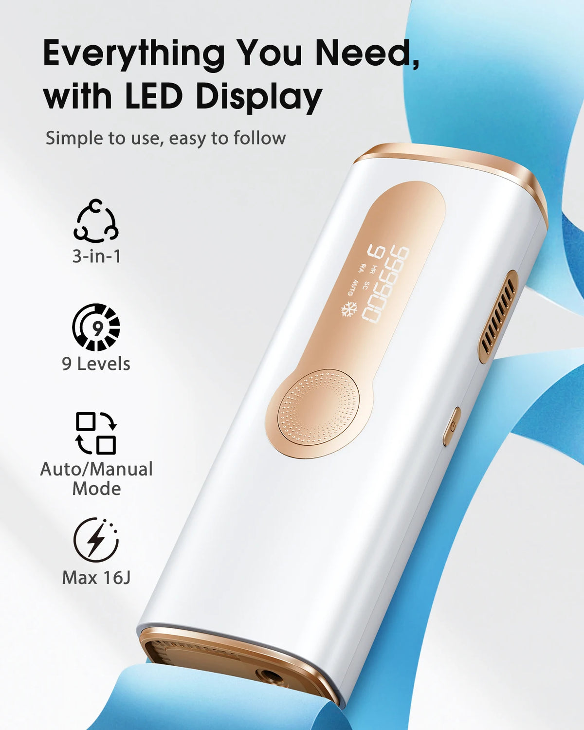 A white IPL hair removal device with a gold accent, shown in a close-up view.