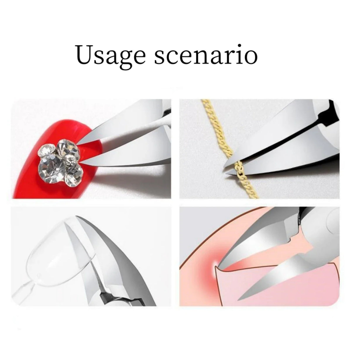Demonstration of professional toenail clippers with a curved sharp blade used for various scenarios.