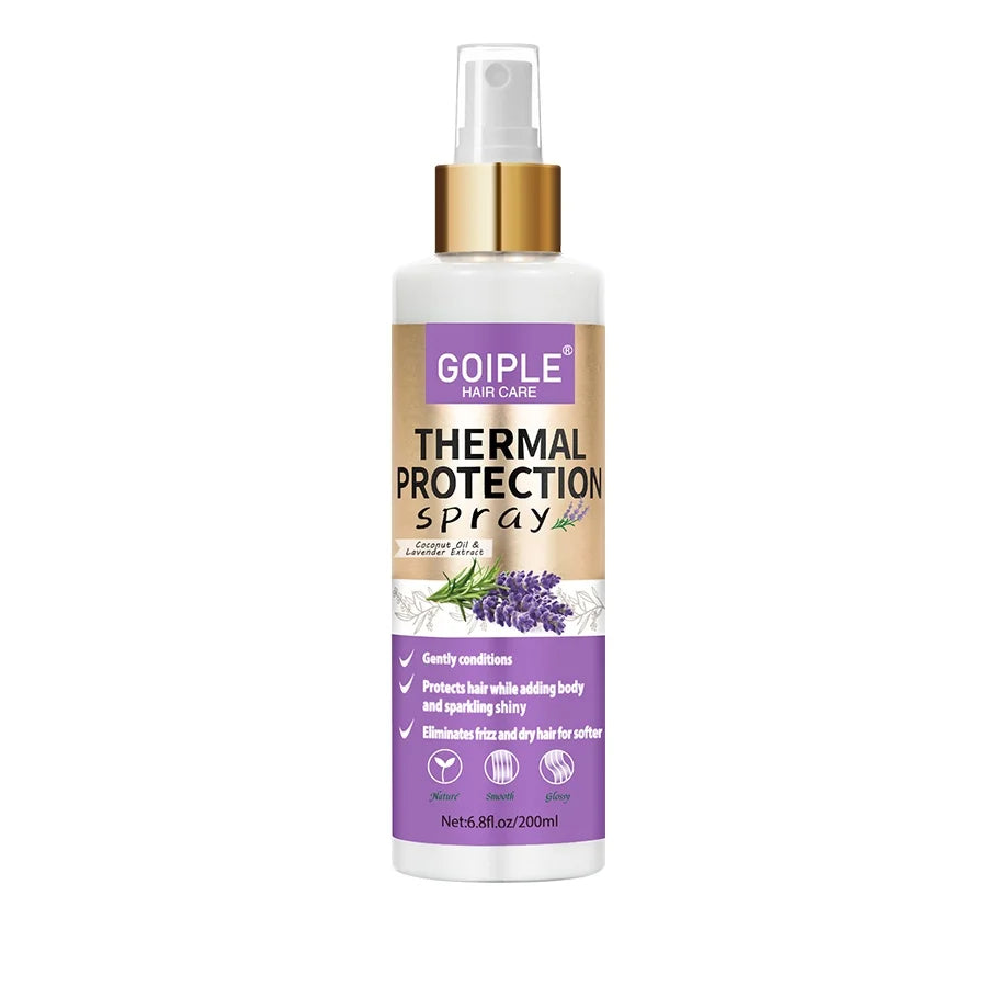 A bottle of Goiple Thermal Protection spray for hair care with a gold cap and purple label.
