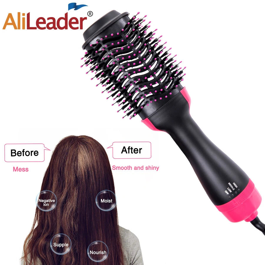A black hair dryer brush with pink accents is shown before and after use, demonstrating smoothing and nourishing effects on d