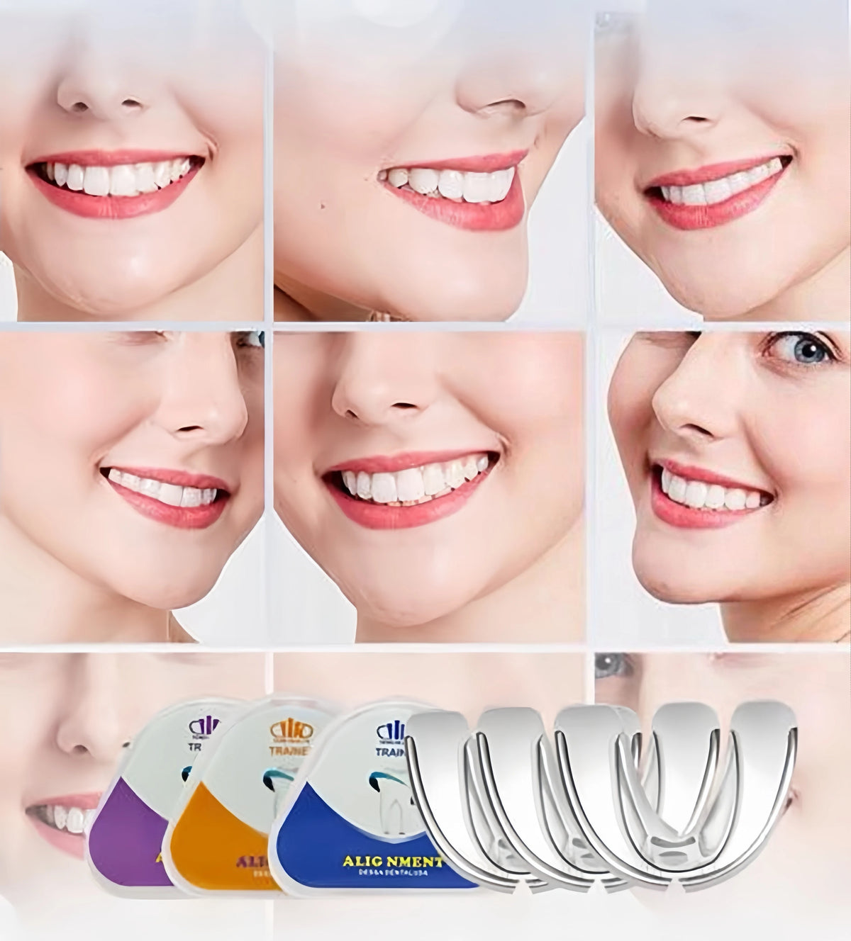 Silicone dental alignment trainer showing various mouth positions and teeth alignment exercises.