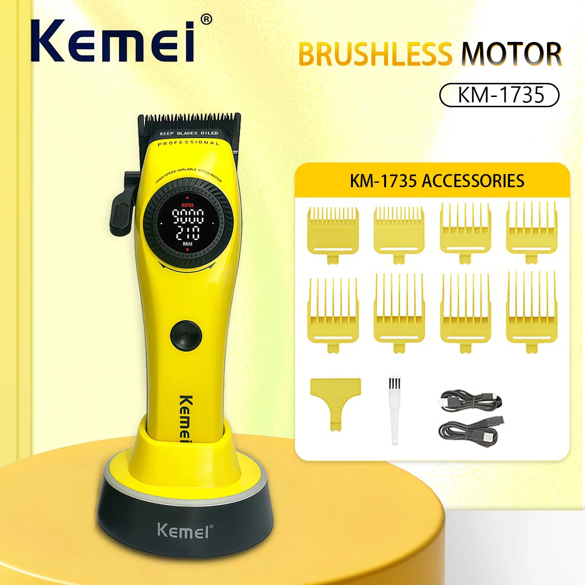 A yellow Kemei brushless motor hair clipper with accessories displayed on a light yellow background.