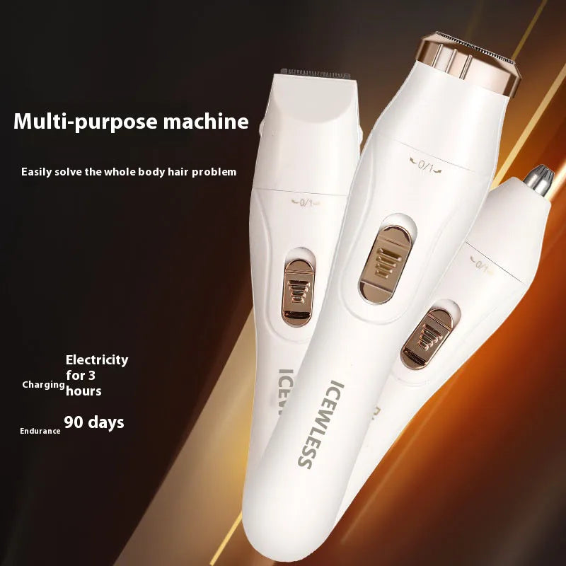 A white multi-purpose electric hair trimmer is shown in a close-up against a dark background.