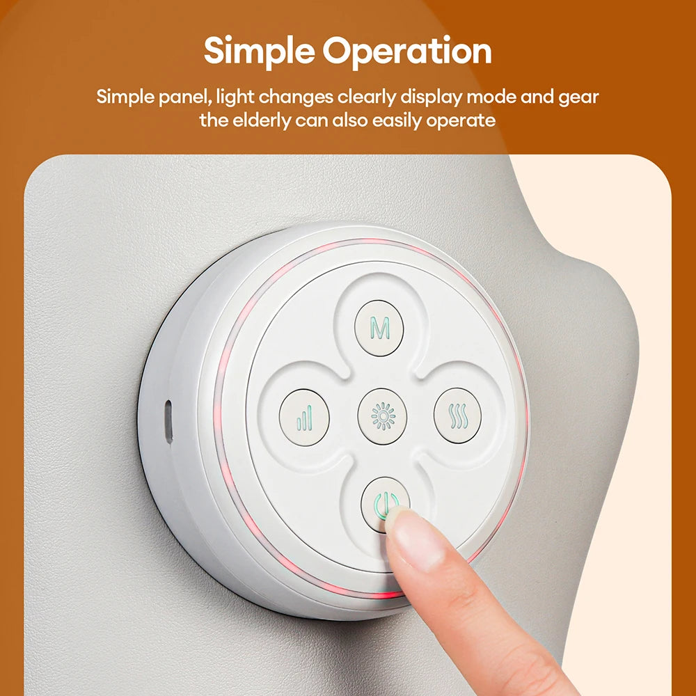 A hand massager control panel with five buttons for different modes, being operated by a finger.