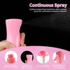 A pink continuous spray bottle is shown being used to mist hair, emphasizing instant hydration and moisture infusion.
