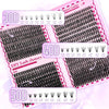 A close-up of various lash clusters in 30D, 40D, and 50D sizes displayed on pink packaging.