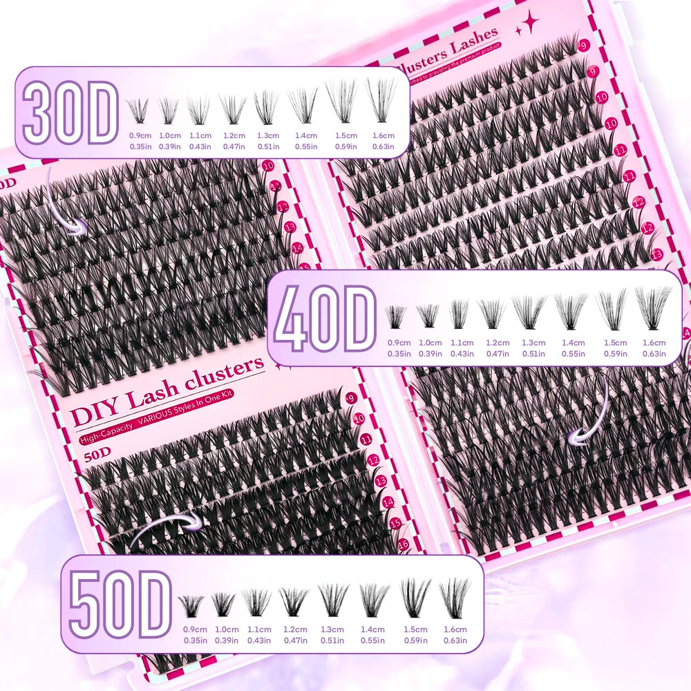 A close-up of various lash clusters in 30D, 40D, and 50D sizes displayed on pink packaging.