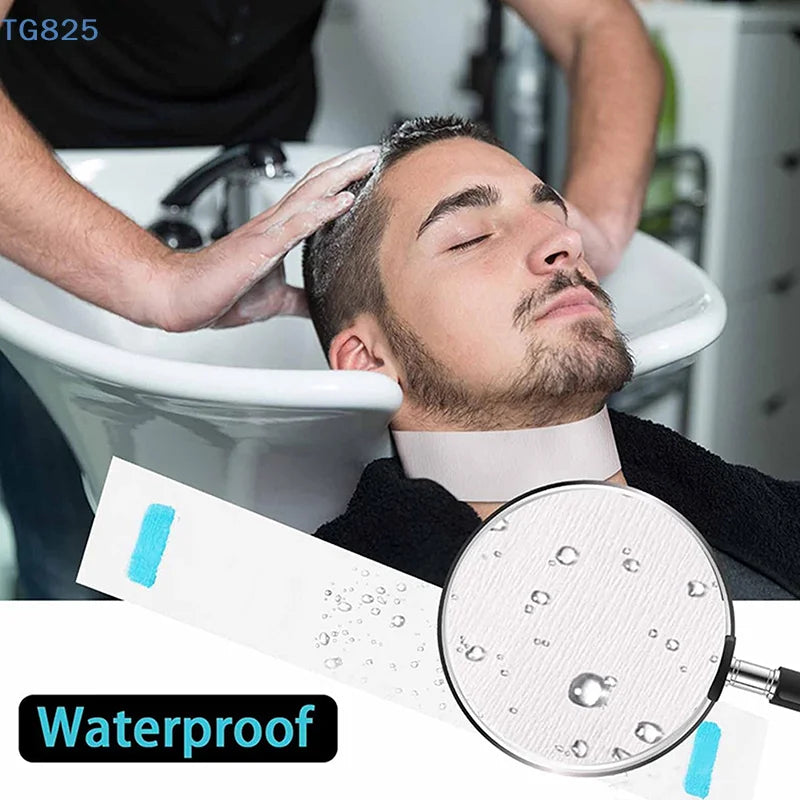 A man is receiving a professional hair dressing collar treatment in a sink, with a waterproof silicone product shown nearby.