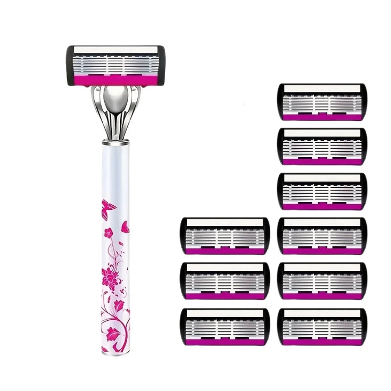 A stainless steel multi-layer body hair removal razor with pink accents and multiple interchangeable heads.