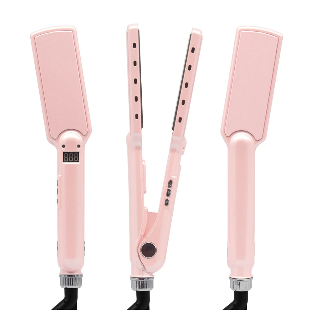 A pink professional titanium hair straightener with a ceramic plate and metal base.
