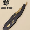 A pair of black and gold professional stainless steel shaving tools, including a shaver and beard razor.