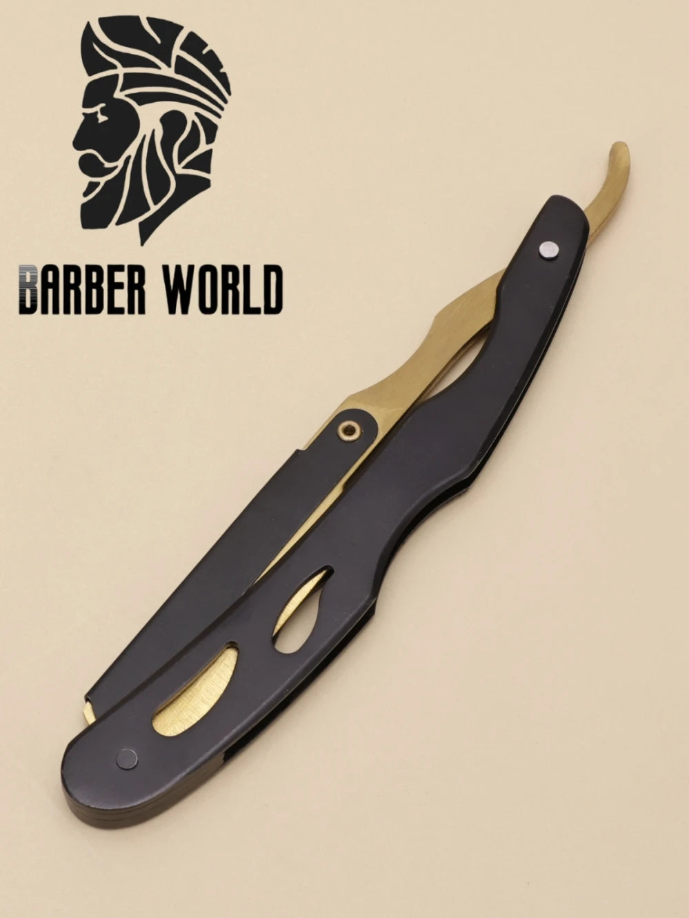 A pair of black and gold professional stainless steel shaving tools, including a shaver and beard razor.