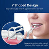 Y Shaped Design dental floss picks shown cleaning between rear teeth in a person's mouth