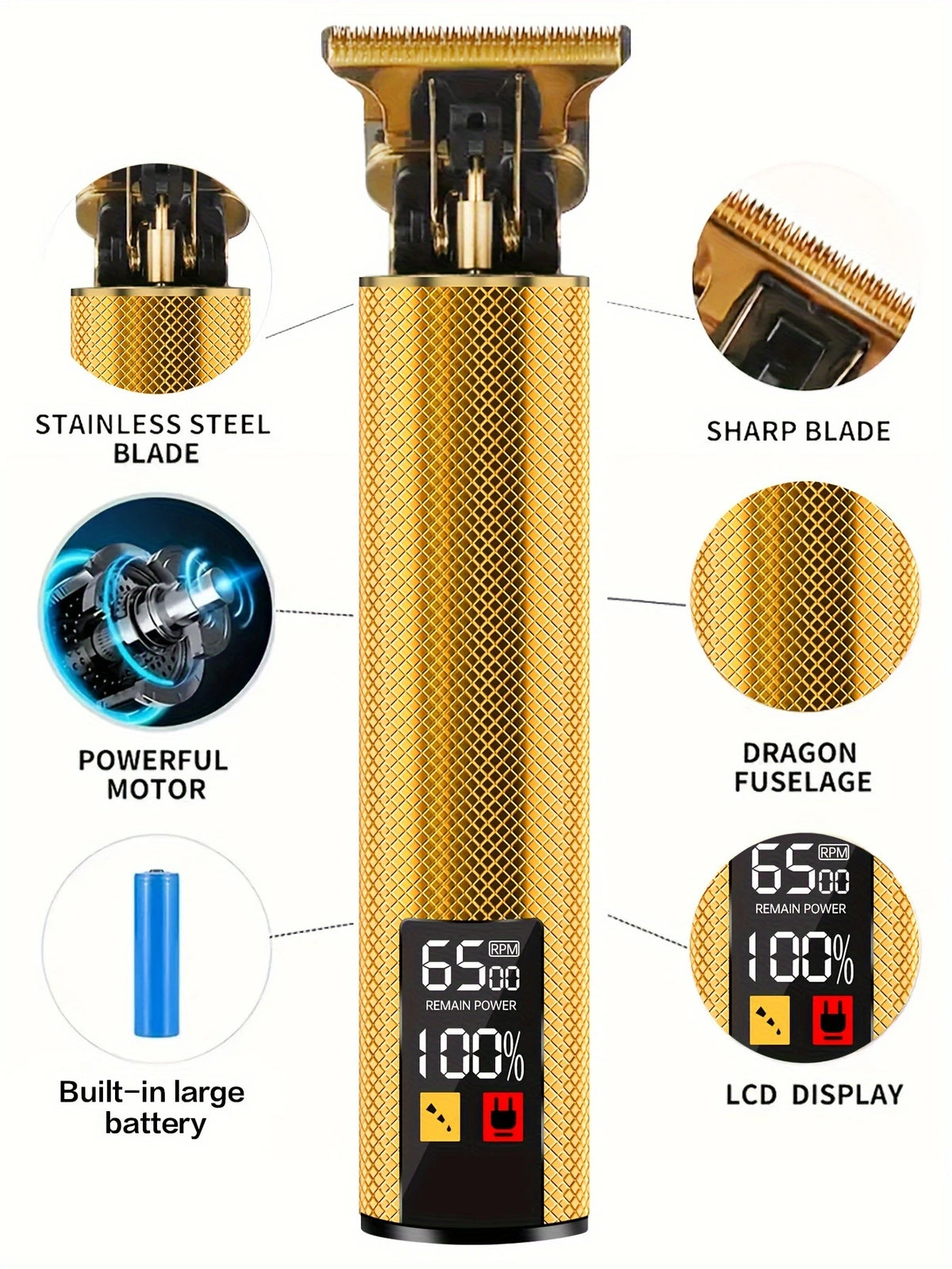 A professional rechargeable hair grooming kit featuring a gold-colored body, a sharp blade, and an LCD display.