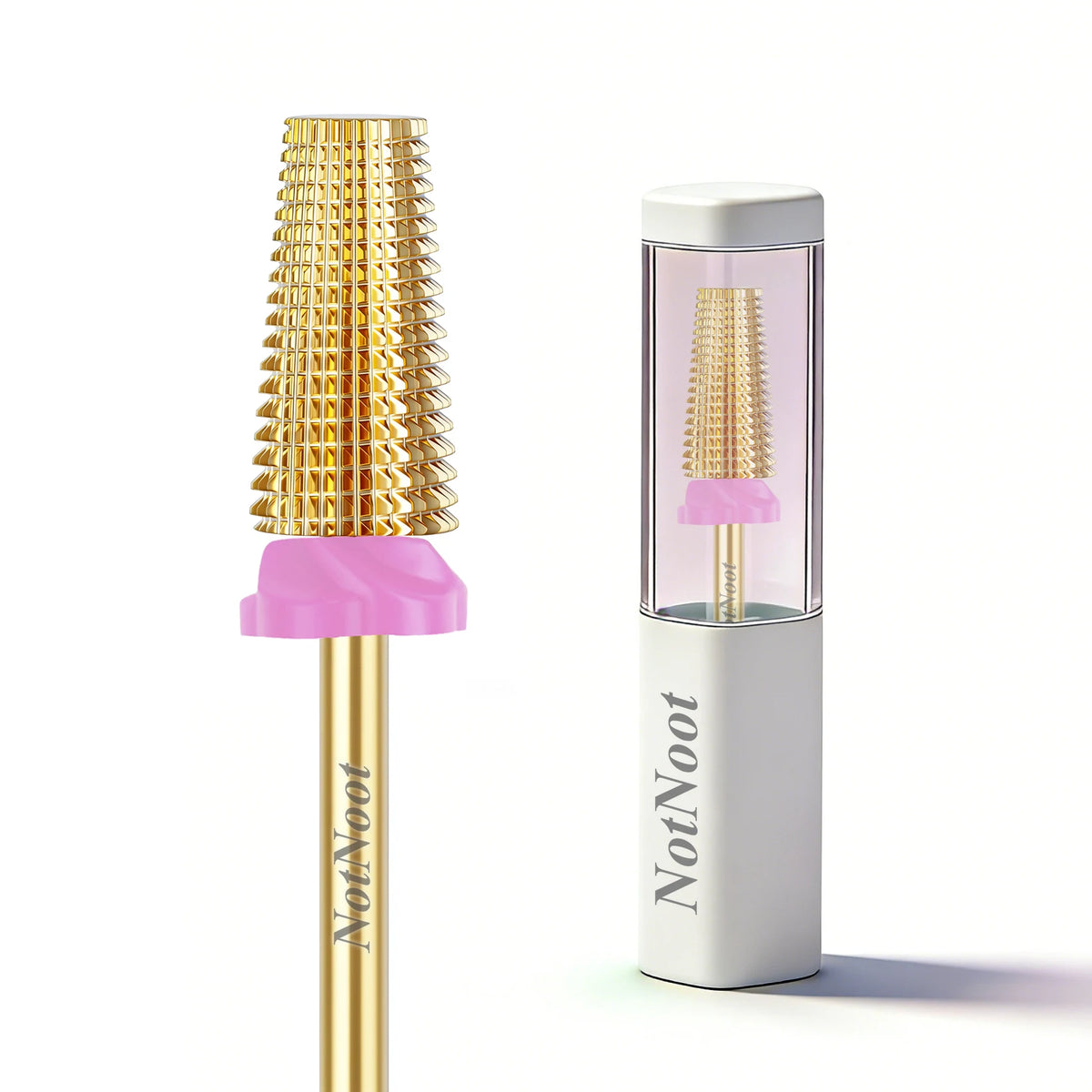 A gold-colored nail drill bit set with a pink and white storage case containing a gold drill bit.